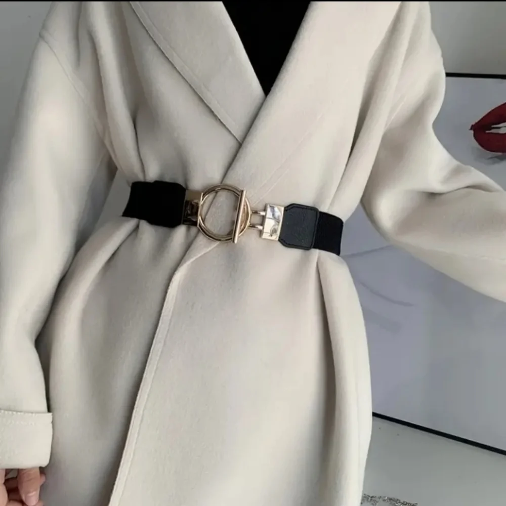 Elasticized wide belt with goldtone hardware